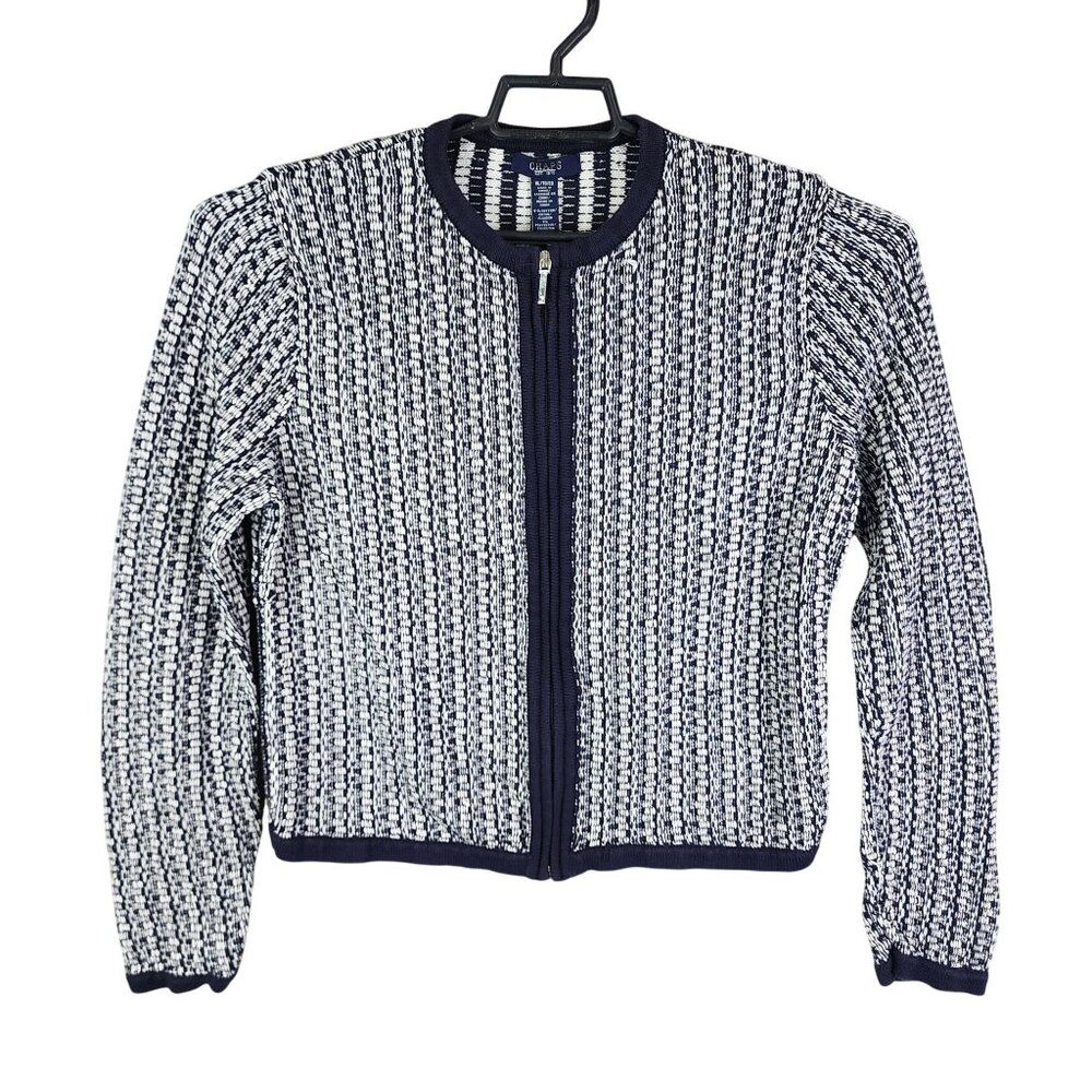 Womens Navy & White Chaps Textured Knit Sweater Jacket Full Zip Long Sleeve XL